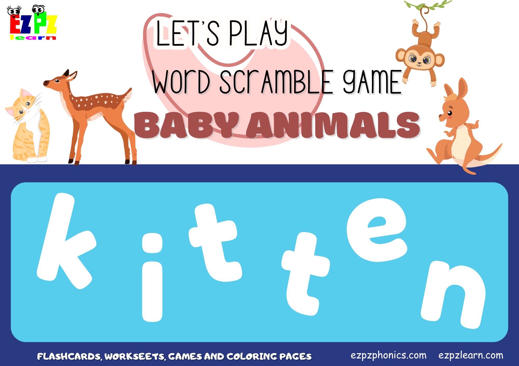 Baby Animals Vocabulary Word Scramble. Spelling game for kids and English language learners.